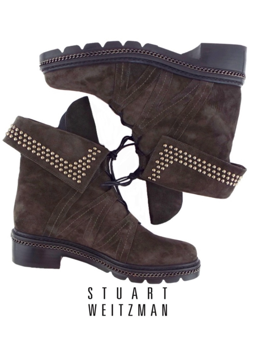 STUART WEITZMAN Yadastud Brown Suede Fold Down Studded Ankle Boots Sz 9, NEW